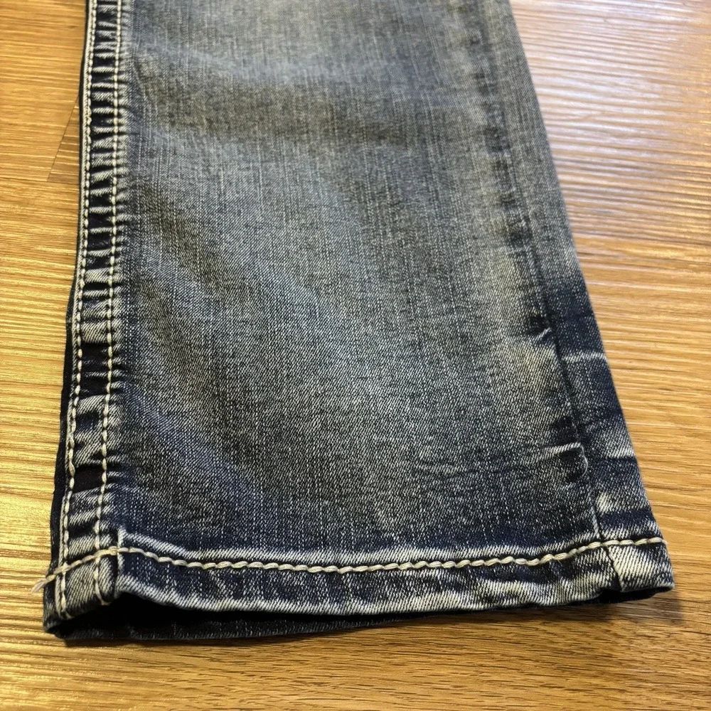 True Luck Jeans Mens 34x30 Dark Distressed Wash Straight Leg Red Stitching Faded